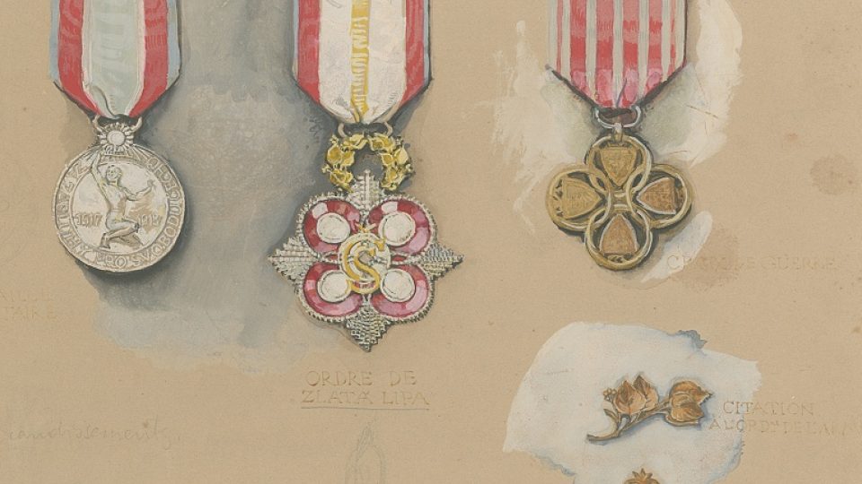 František Kupka: Návrhy řádů a medailí pro čs. armádu, Francie, 1918, kvaš, akvarel, papír 