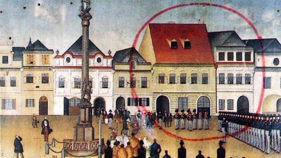 Historický obraz náměstí v Litomyšli zachycující dotčené místo