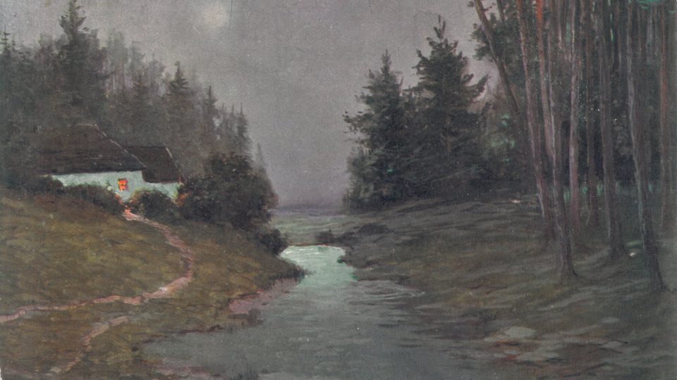 Krajina v noci, stará pohlednice (1916)