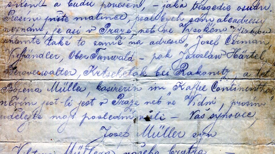 Dopis Josefa Müllera na rozloučenou před popravou, 12. 12. 1914