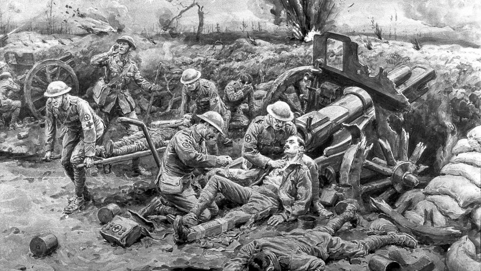 Vojáci Červeného kříže ošetřují zraněné, 1916