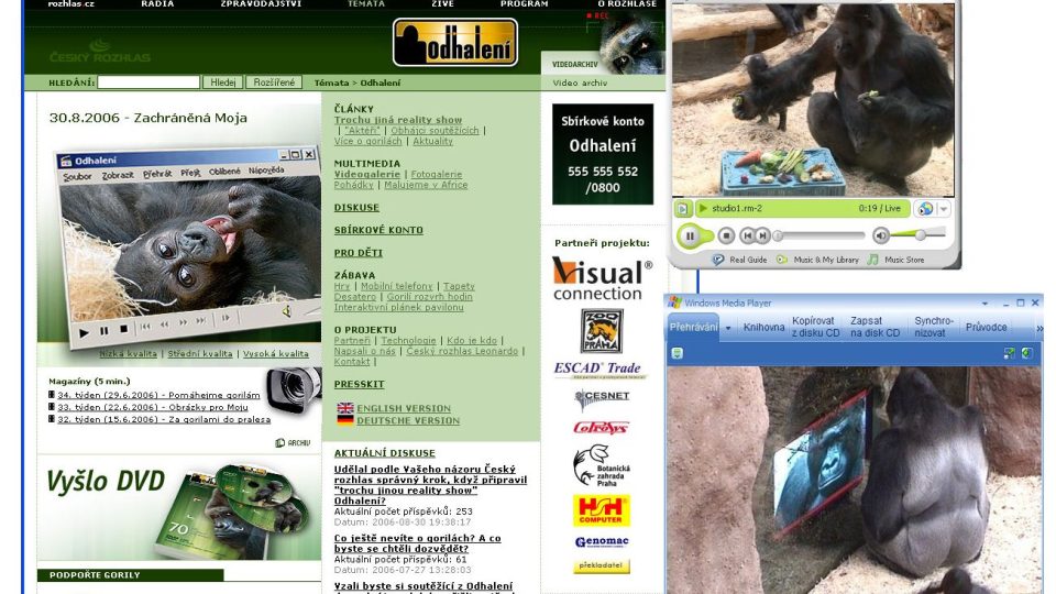 Web projektu Odhalení nabízel několik měsíců neustálý pohled na život goril ve dvou video kanálech