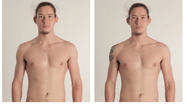 Fotografie muže s tetování a bez něj ze studie polských vědců